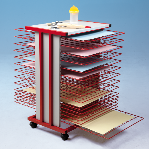Trockenwagen fahrbar mit 25 Trockengittern DIN A2 B/H/T: 59,5x83x75 cm, Gestell in rot, Holzteile in Grau