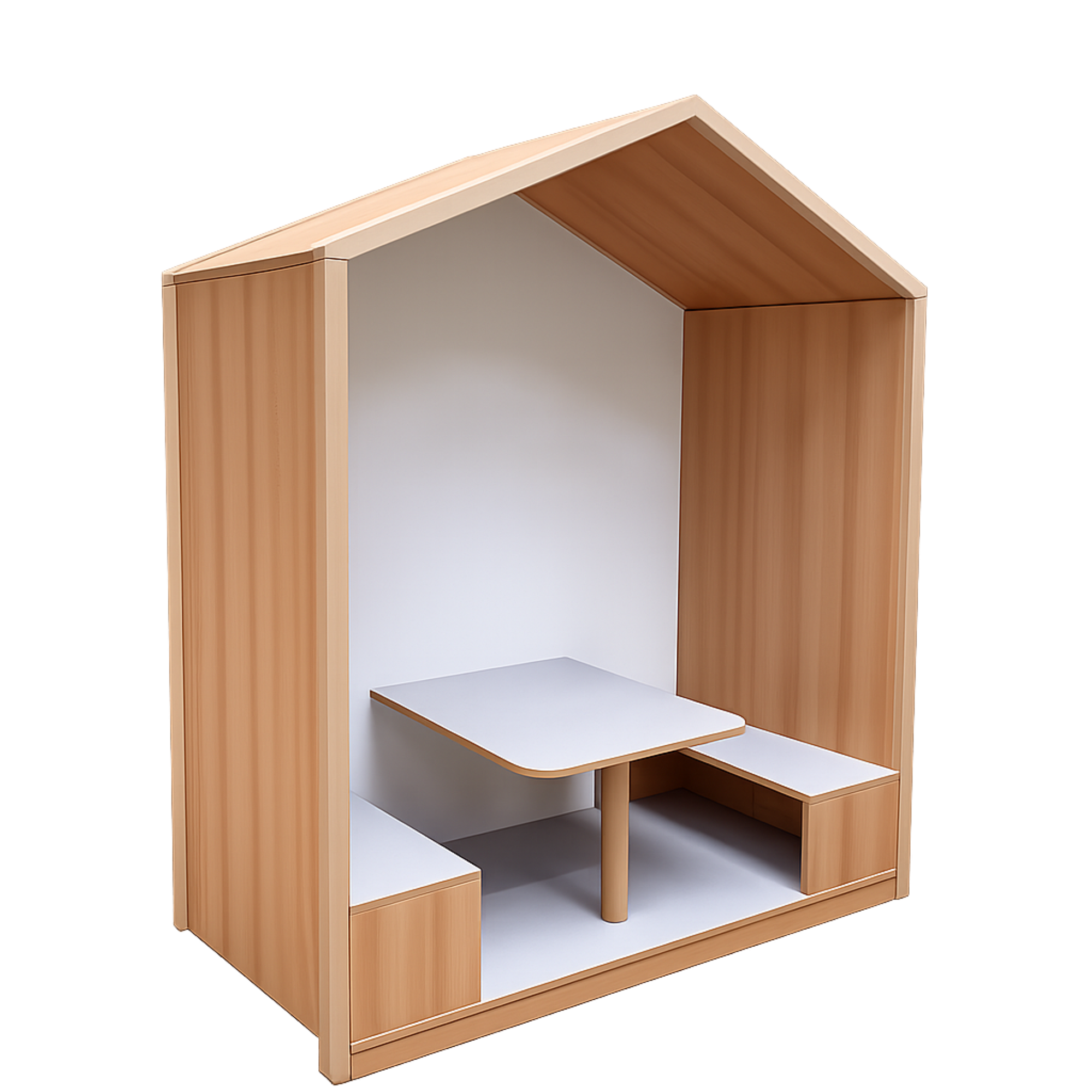 Lernhaus mit Sitzgruppe und Tisch B/H/T: 160x196,5x80 cm, Rückzugshaus mit Tisch und 2 Bänken, mit Linoleumbeschichtungen, in verschiedenen Tisch- und Sitzhöhen, Stollenbauweise