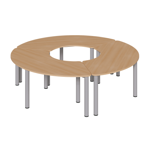 Set aus 3 Drittelkreistischen mit Rundrohrfüssen, Melaminharzplatten 3 Drittelkreistische für Kreis-Ø 200 cm, Stahlzargengestell mit Rundrohrfüssen Ø 60, Melaminharz-Tischplatte, wählbare Höhe