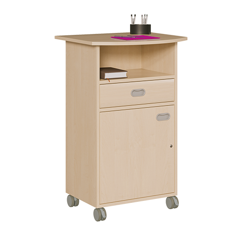 Korpus-Stehpult fahrbar, B/H/T: 66 x 110 x 60 cm, mit gerundeter Oberplatte, mit Fach und Schub, 1 Tür, wählbare Anschlagrichtung