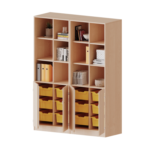 ErgoTray Kombi-Schrank, vierreihig, zweiteilig, 5 Ordnerhöhen - evo180 Serie B/H/T: 140,6x190x50 cm, unten 2 OH Türen und 12 hohe ErgoTray Boxen, oben 3 OH Regal, mit Sockel (81 mm), 2 Mittelwände