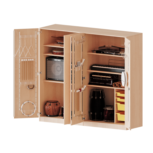 Musikschrank, 5 Ordnerhöhen - Serie evo180 B/H/T: 209x190x60 cm, zweiteilig, Türen mit Instrumentenhalterungen, mit 3 ErgoTray Boxen, mit Sockel (81 mm)