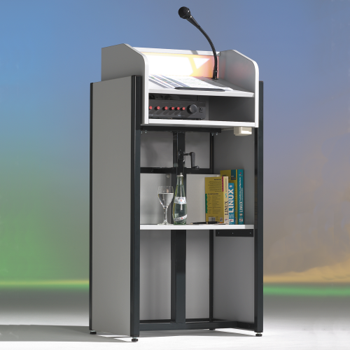 höhenverstellbares Rednerpult, mit Melamin-Stahl-Kombination, inkl. Mikrofon und Lautsprecher B/H/T: 58x100-128x51 cm