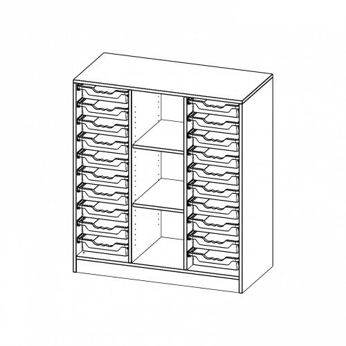 ErgoTray Regal, dreireihig, 3 Ordnerhöhen - evo180 Serie Breite 104,5 cm, Gesamthöhe 118 cm, mit Sockel, rechts und links je 10 flache ErgoTray Boxen, 3 Fächer in der Mitte