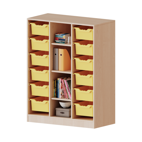 ErgoTray Regal, dreireihig, 3,5 Ordnerhöhen - evo180 Serie Breite 104,5 cm, Gesamthöhe 136 cm, mit Sockel, rechts und links je 6 hohe ErgoTray Boxen, 4 Fächer in der Mitte