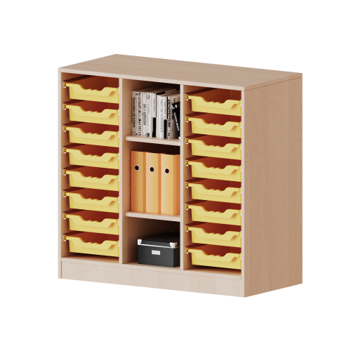 ErgoTray Regal, dreireihig, 2,5 Ordnerhöhen - evo180 Serie Breite 104,5 cm, Gesamthöhe 100 cm, mit Sockel, rechts und links je 8 flache ErgoTray Boxen, 3 Fächer in der Mitte