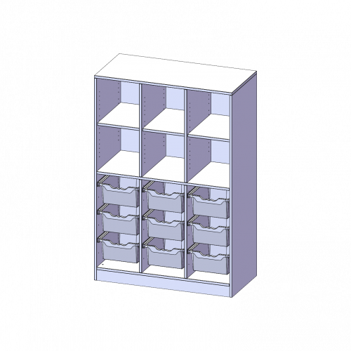 ErgoTray Regal, dreireihig, 4 Ordnerhöhen - evo180 Serie Breite 104,5 cm, Gesamthöhe 154 cm, mit Sockel, unten 9 hohe, oben 6 Fächer