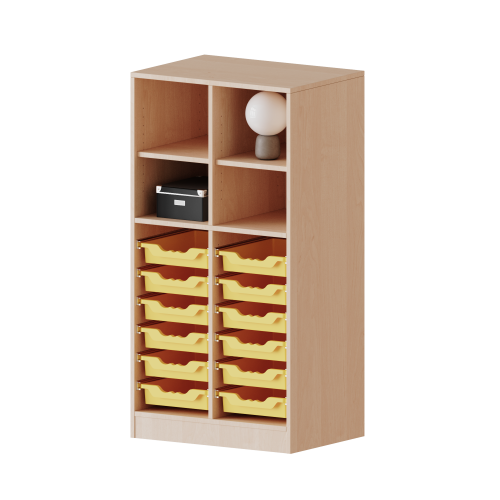 ErgoTray Regal, zweireihig, 3,5 Ordnerhöhen - evo180 Serie Breite 70,3 cm, Gesamthöhe 136 cm, mit Sockel, oben 4 Fächer, unten 12 flache ErgoTray Boxen