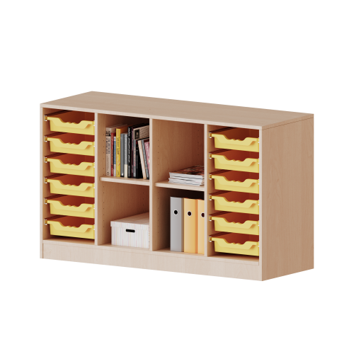 ErgoTray Regal, vierreihig, 2 Ordnerhöhen - evo180 Serie Breite 138,7 cm, Gesamthöhe 82 cm, mit Sockel, rechts und links je 6 flache ErgoTray Boxen, in der Mitte 4 offene Fächer