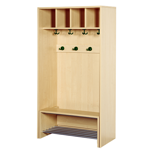 Korpus-Garderobe mit einschiebbarer Bank B/H/T: 80x158x46 cm, 4 Plätze, Bank aus feuerhemmendem Material mit Schuhrost, je Platz mit 3fach- und 2fach-Haken