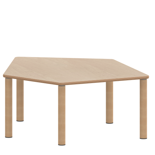 Tisch ZALOTTI mit Schichtstoff-Belag Fünfecktisch-klein, Stellfläche B/T: 121x110 cm, Höhen 25…76 cm, Massivholzbeine Ø 60 mm, Fußvariante: Stellfuß