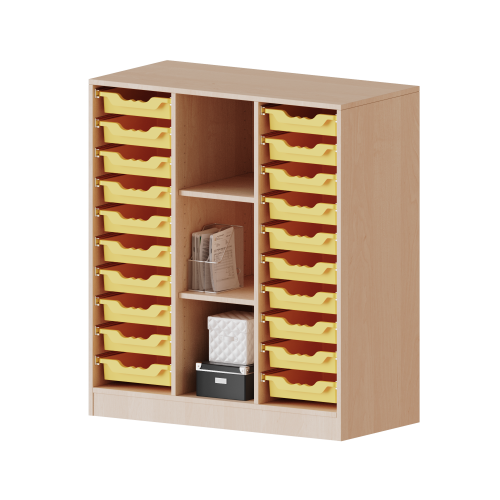 ErgoTray Regal, dreireihig, 3 Ordnerhöhen - evo180 Serie Breite 104,5 cm, Gesamthöhe 118 cm, mit Sockel, rechts und links je 10 flache ErgoTray Boxen, 3 Fächer in der Mitte