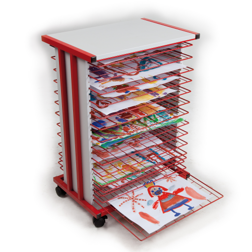 Trockenwagen fahrbar mit 25 Trockengittern DIN A3 B/H/T: 59,5x83x42 cm Gestellfarbe rot, Plattendekor Grau