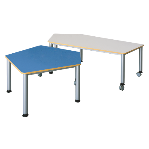 Fahrbarer Fünfecktisch mit Linoleumbelag verschiedene Größen in 5eck-Form, wählbare Höhe, mit Linoleumbelag, Stahlzargengestell und Rundrohr-Füße Ø 60