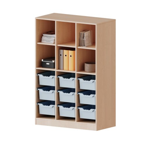 ErgoTray Regal, dreireihig, 4 Ordnerhöhen - evo180 Serie Breite 104,5 cm, Gesamthöhe 154 cm, mit Sockel, unten 9 hohe, oben 6 Fächer