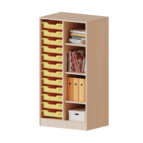 ErgoTray Regal, zweireihig, 3,5 Ordnerhöhen - evo180 Serie Breite 70,3 cm, Gesamthöhe 136 cm, mit Sockel, rechts 4 Fächer, links 12 flache ErgoTray Boxen