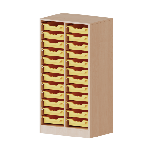 ErgoTray Regal, zweireihig, 3,5 Ordnerhöhen - evo180 Serie B/H/T: 70,3x136x50 cm, mit Sockel (81 mm), 24 flache ErgoTray Boxen