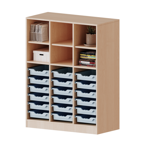 ErgoTray Regal, dreireihig, 3,5 Ordnerhöhen - evo180 Serie Breite 104,5 cm, Gesamthöhe 136 cm, Sockel, unten 18 flache, oben 6 Fächer