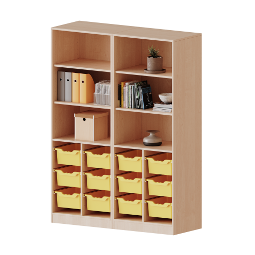 ErgoTray Regal, vierreihig, 5 Ordnerhöhen - evo180 Serie Breite 140,6 cm, Gesamthöhe 190 cm, mit Sockel (81 mm), zweiteilig, unten 12 hohe ErgoTray Boxen, oben 4 Einlegeböden