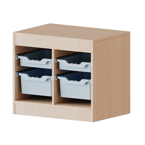 Regal mit flachen und hohen ErgoTray-Boxen, 1 Ordnerhöhe mit Kabelkanal mit zusätzlichem Kabelfach und 3 Kabeldurchlässen, Maße H/T: 56x40 cm, verschiedene Breiten