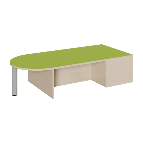 Freiform-Podest, zweiseitig offen und Halbrundansatz, Linoleum-Deckplatte B/T: 150x70 cm, Höhe wählbar, Nischen für 2 Rollkastengaragen und offener Halbrundbereich mit Stützfuß