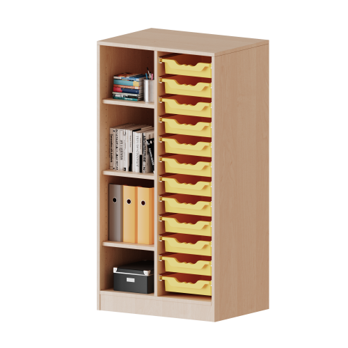 ErgoTray Regal, zweireihig, 3,5 Ordnerhöhen - evo180 Serie B/H/T: 70,3x136x40 cm, mit Sockel (81 mm), links 4 Fächer, rechts 12 flache ErgoTray Boxen
