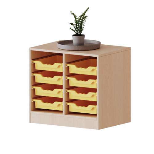 ErgoTray Regal, zweireihig, 1,5 Ordnerhöhen - evo180 Serie Breite 70,3 cm, Gesamthöhe 64 cm, mit Sockel, 8 flache ErgoTray Boxen