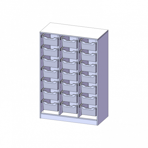 ErgoTray Regal, dreireihig, 4 Ordnerhöhen - evo180 Serie Breite 104,5 cm, Gesamthöhe 154 cm, mit Sockel, 21 hohe ErgoTray Boxen
