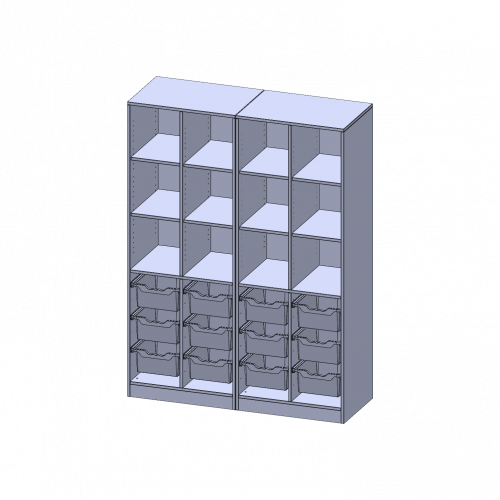 ErgoTray Regal, vierreihig, 5 Ordnerhöhen - evo180 Serie Breite 140,6 cm, Gesamthöhe 190 cm, mit Sockel (81 mm), zweiteilig und Mittelwand, unten 12 hohe ErgoTray Boxen, oben 8 Einlegeböden