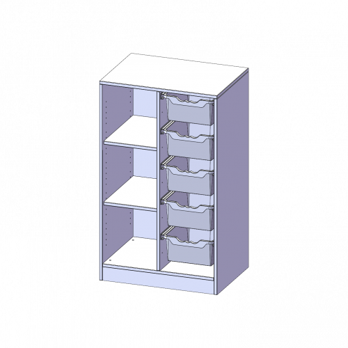 ErgoTray Regal, zweireihig, 3 Ordnerhöhen - evo180 Serie Breite 70,3 cm, Gesamthöhe 118 cm, mit Sockel, links 3 Fächer, rechts 5 hohe ErgoTray Boxen