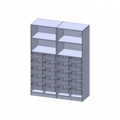 ErgoTray Regal, vierreihig, 5 Ordnerhöhen - evo180 Serie Breite 140,6 cm, Gesamthöhe 190 cm, mit Sockel (81 mm), zweiteilig, unten 20 hohe ErgoTray Boxen, oben 2 Einlegeböden