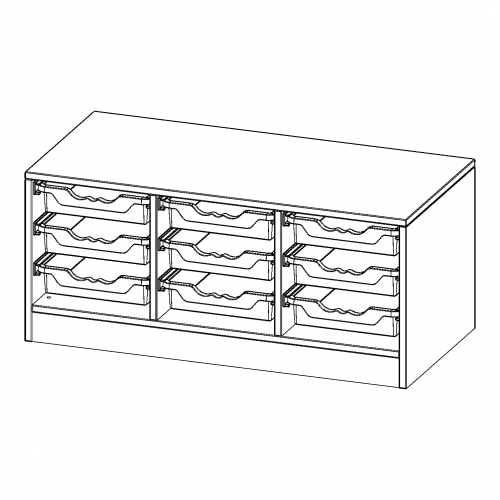 ErgoTray Regal, dreireihig, 1 Ordnerhöhe - evo180 Serie B/H/T: 104,5x46x40 cm, Breite 104,5 cm, Gesamthöhe 46 cm, mit Sockel, 9 flache ErgoTray Boxen