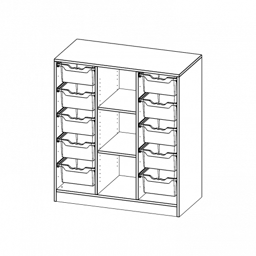 ErgoTray Regal, dreireihig, 3 Ordnerhöhen - evo180 Serie Breite 104,5 cm, Gesamthöhe 118 cm, mit Sockel, rechts und links je 5 hohe ErgoTray Boxen, 3 Fächer in der Mitte