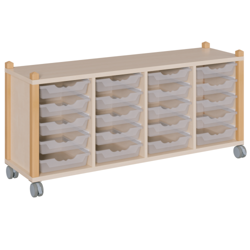 fahrbares Regal in Stollenbauweise B/T: 143,3x40 cm, 4reihig in 3 verschiedenen Höhen, unterschiedlich hohe ErgoTray-Boxen