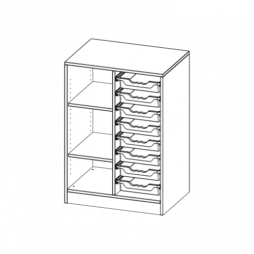 ErgoTray Regal, zweireihig, 2,5 Ordnerhöhen - evo180 Serie Breite 70,3 cm, Gesamthöhe 100 cm, mit Sockel, links 3 Fächer, rechts 8 flache ErgoTray Boxen