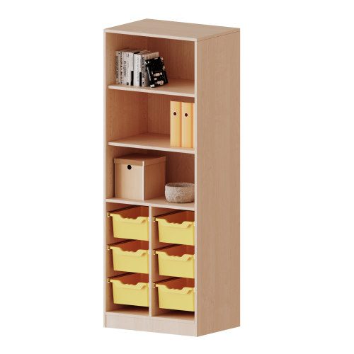 ErgoTray Regal, zweireihig, 5 Ordnerhöhen - evo180 Serie Breite 70,3 cm, Gesamthöhe 190 cm, mit Sockel (81 mm), unten 6 hohe ErgoTray Boxen, oben 2 Einlegeböden