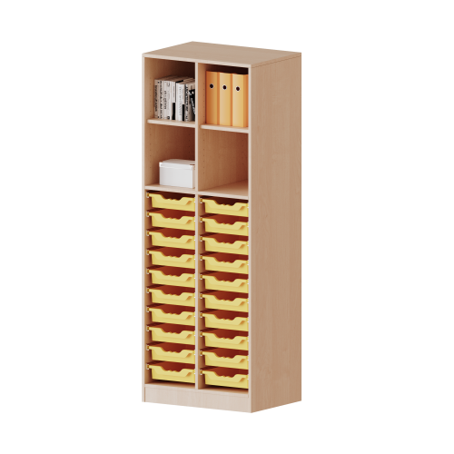 ErgoTray Regal, zweireihig, 5 Ordnerhöhen - evo180 Serie B/H/T: 70,3x190x50 cm, mit Sockel (81 mm) und Mittelwand, unten 20 flache ErgoTray Boxen, oben 4 Einlegeböden