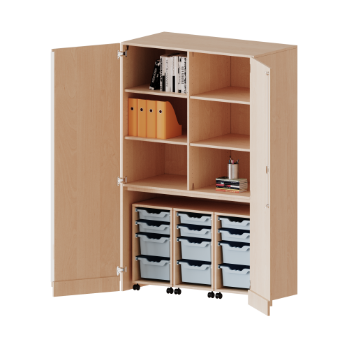 Garagenschrank ohne Sockel, 5 Ordnerhöhen - Serie evo180 B/H/T: 120x190x60 cm, 3 Container mit je 2 flachen und 2 hohen ErgoTray Boxen