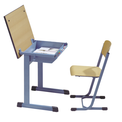 Einerschülertisch mit aufklappbarer Tischplatte und Stahlblechablage