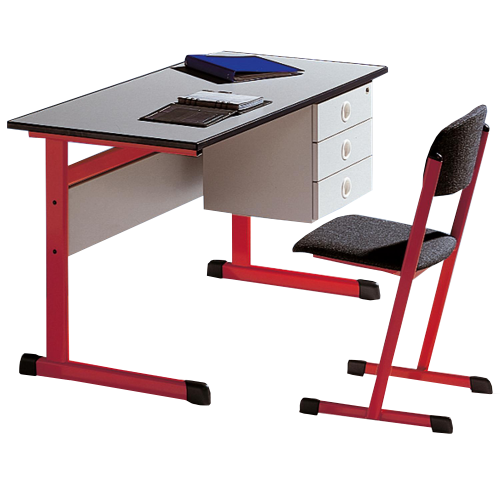 Lehrertisch, Schichtstoff, Schub rechts unter der Tischplatte montiert