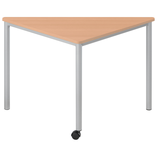 Fahrbarer Dreieckstisch aus der Serie Vari² mit melaminharzbeschichteten Tischplatte